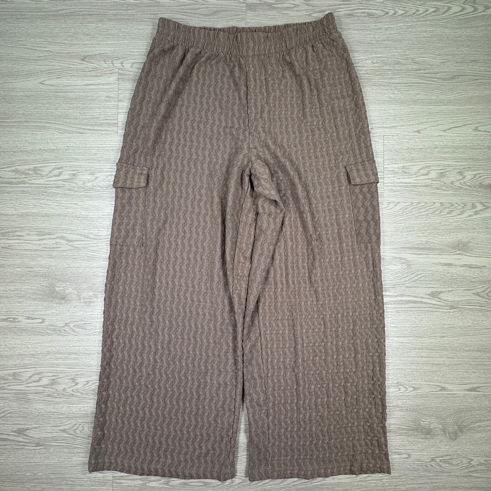 French Laundry Women's Cargo Pants Textured Wide Leg Brown Large Elastic Waist